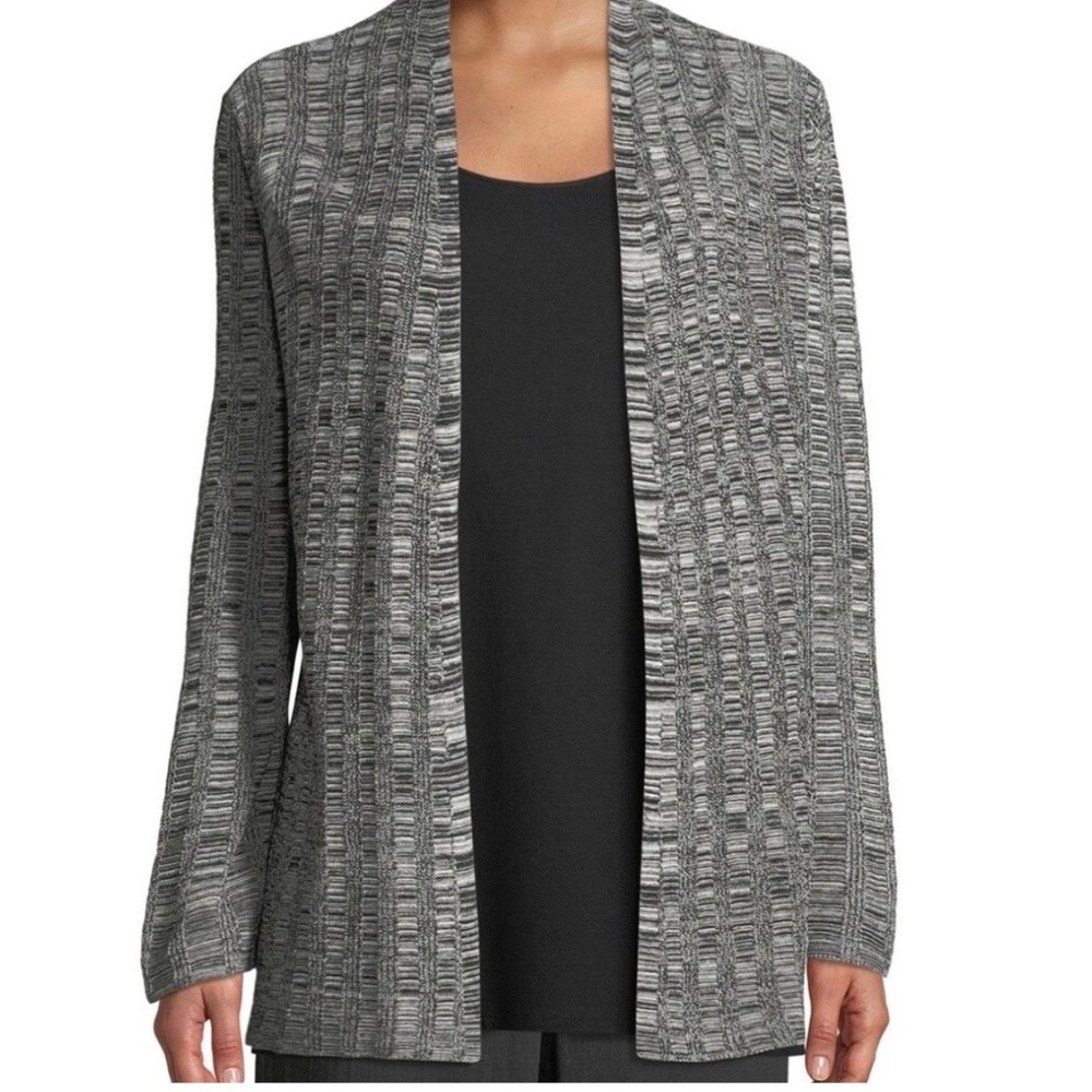 Eileen Fisher Silk Organic Linen Knit Cardigan Large Gray Space Dye Open Front